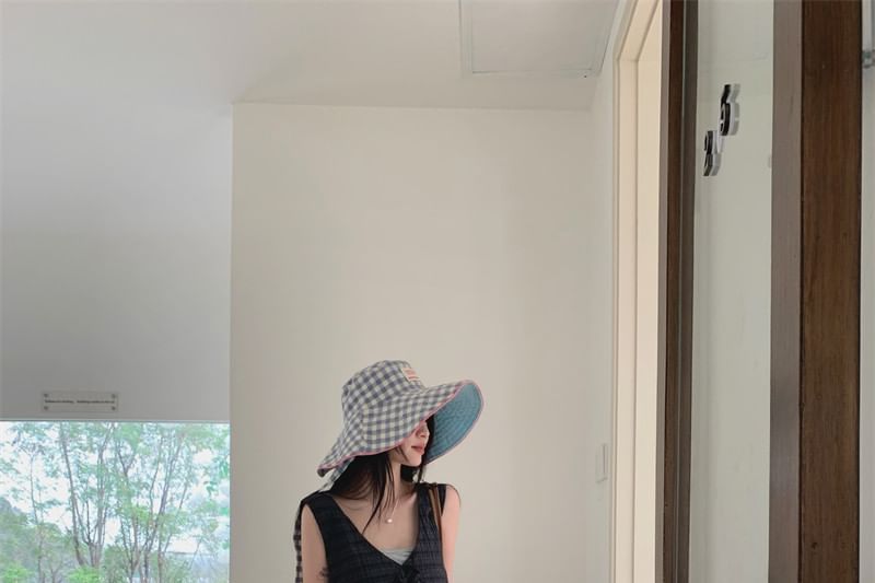Ruffle Wide-Leg Pants & V-Neck Plaid Blouse Set