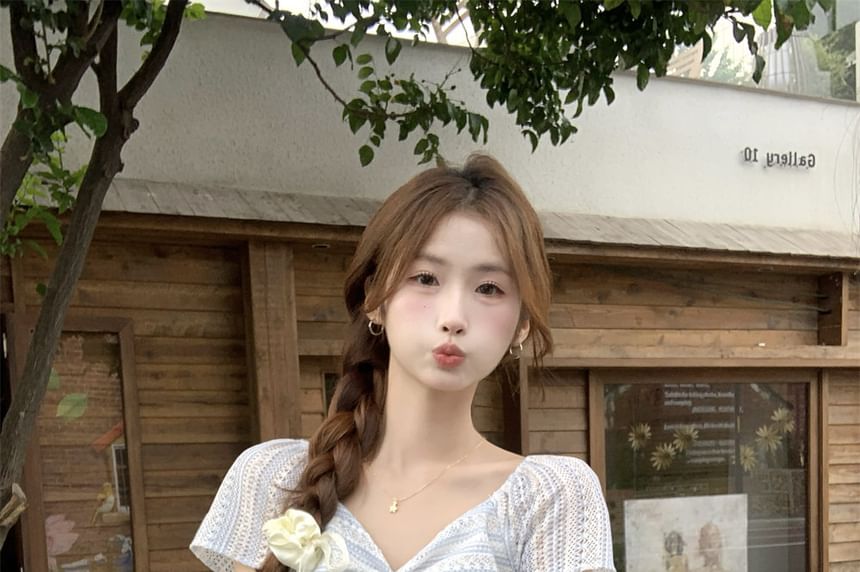 Striped Lace-Trim Knot V-Neck Tee