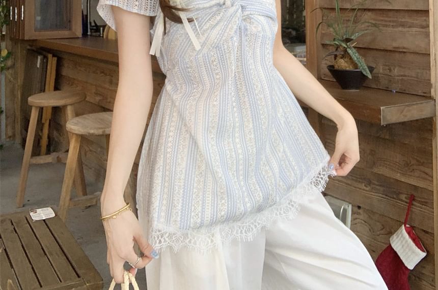 Striped Lace-Trim Knot V-Neck Tee