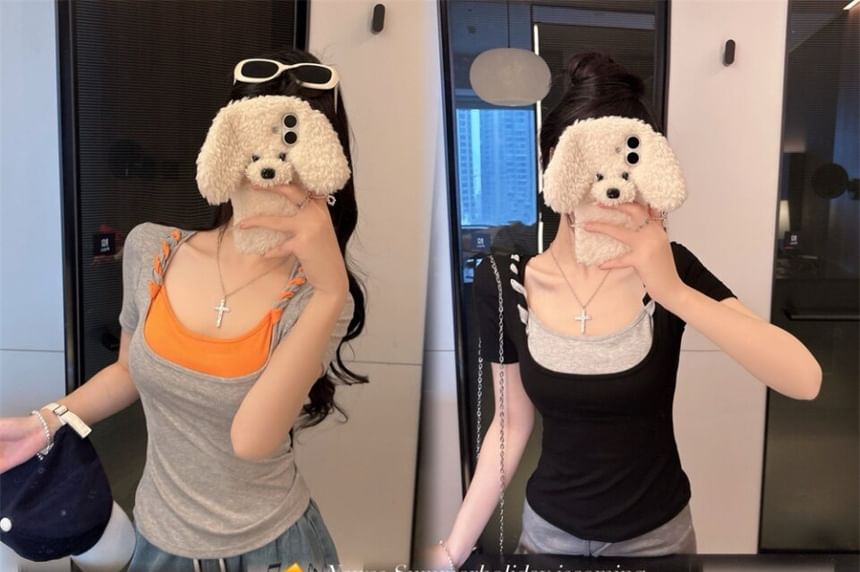 Short-Sleeve Scoop Neck Two Tone Padded T-Shirt