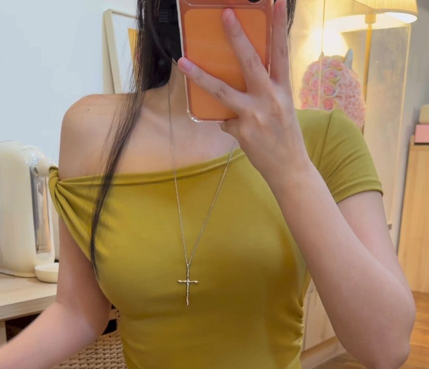 Short-Sleeve Off-Shoulder Asymmetric Ruched Crop Tee