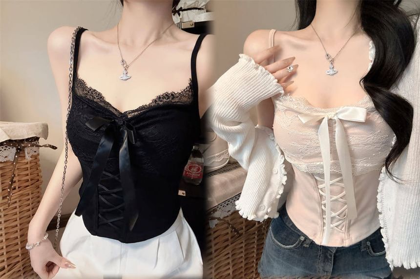 V-Neck Lace Panel Padded Crop Camisole