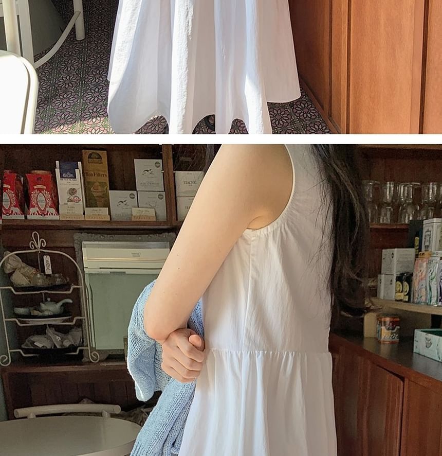 Sleeveless Crew Neck Plain Ruched Maxi A-Line Dress
