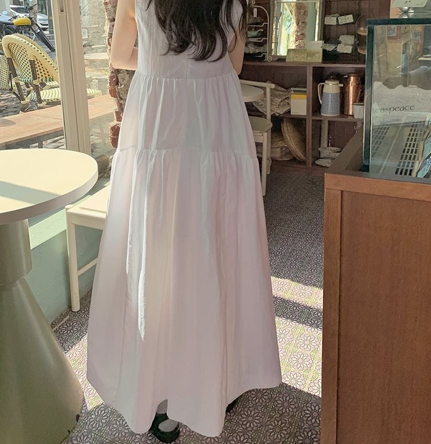 Sleeveless Crew Neck Plain Ruched Maxi A-Line Dress