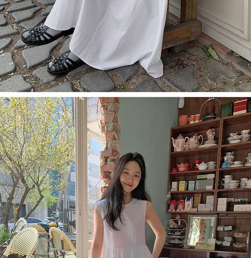 Sleeveless Crew Neck Plain Ruched Maxi A-Line Dress