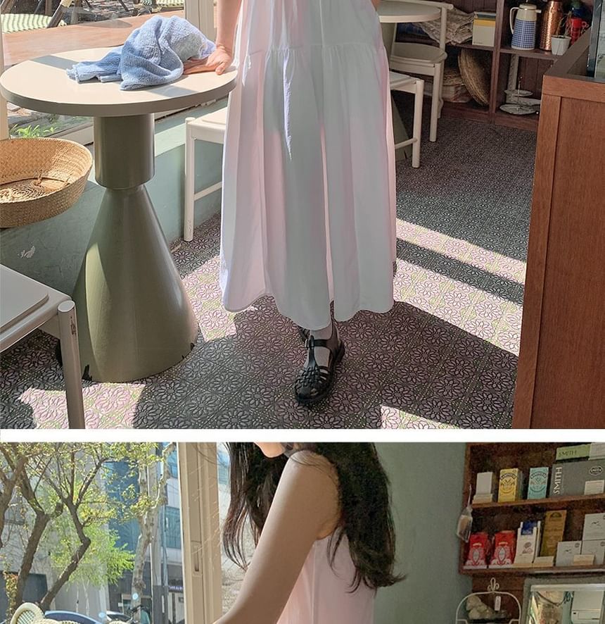 Sleeveless Crew Neck Plain Ruched Maxi A-Line Dress
