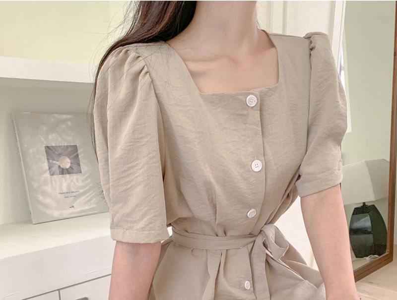 Short-Sleeve Square Neck Plain Button Up Maxi A-Line Dress