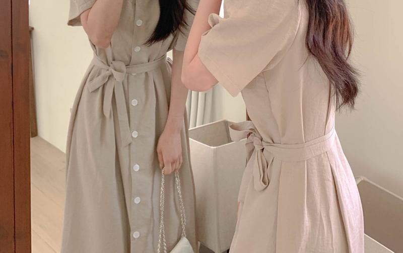 Short-Sleeve Square Neck Plain Button Up Maxi A-Line Dress