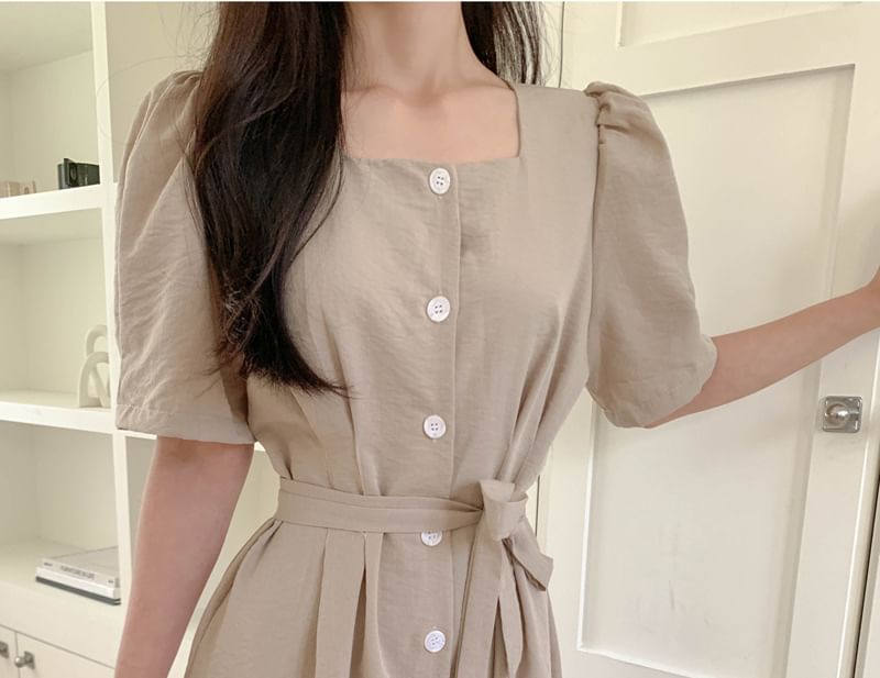 Short-Sleeve Square Neck Plain Button Up Maxi A-Line Dress