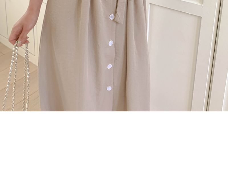 Short-Sleeve Square Neck Plain Button Up Maxi A-Line Dress
