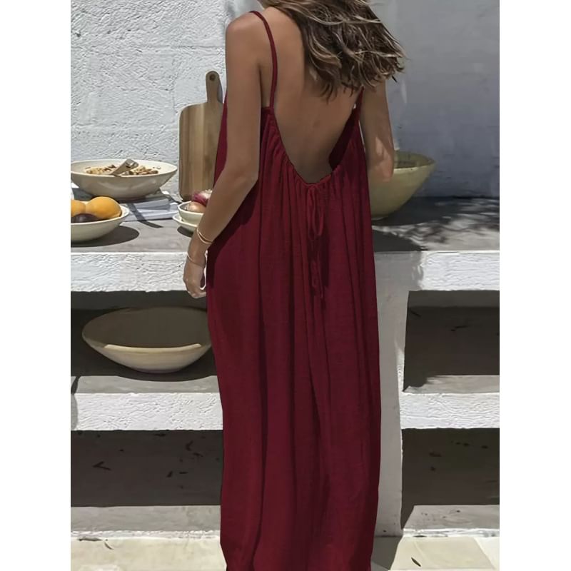 Spaghetti Strap Scoop Neck Plain Maxi A-Line Dress