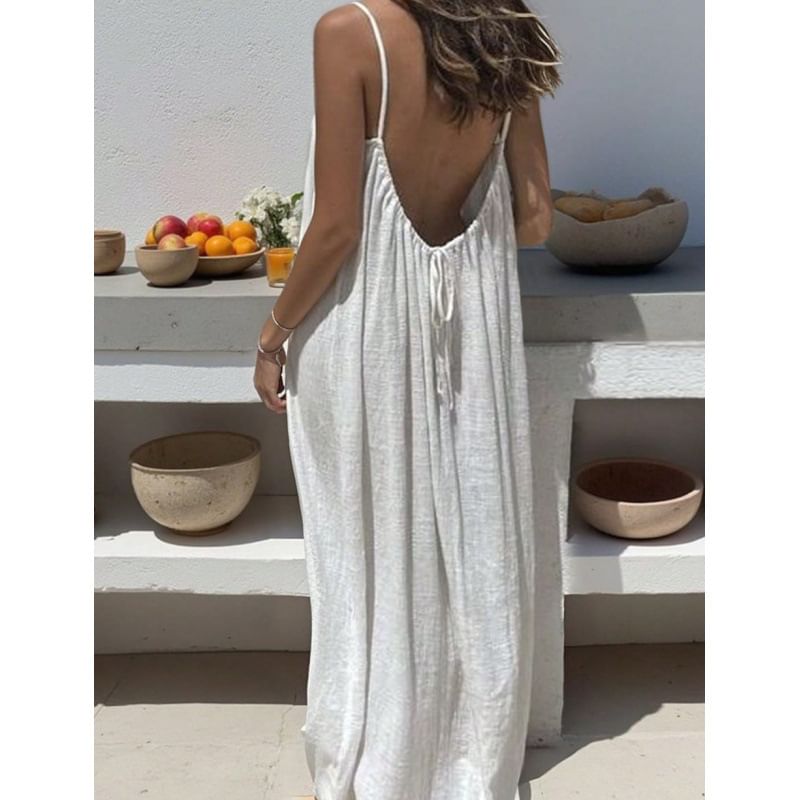 Spaghetti Strap Scoop Neck Plain Maxi A-Line Dress