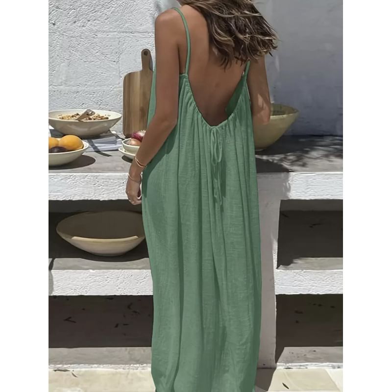 Spaghetti Strap Scoop Neck Plain Maxi A-Line Dress