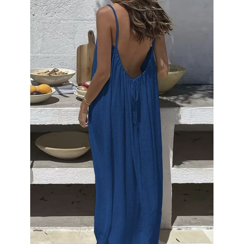 Spaghetti Strap Scoop Neck Plain Maxi A-Line Dress