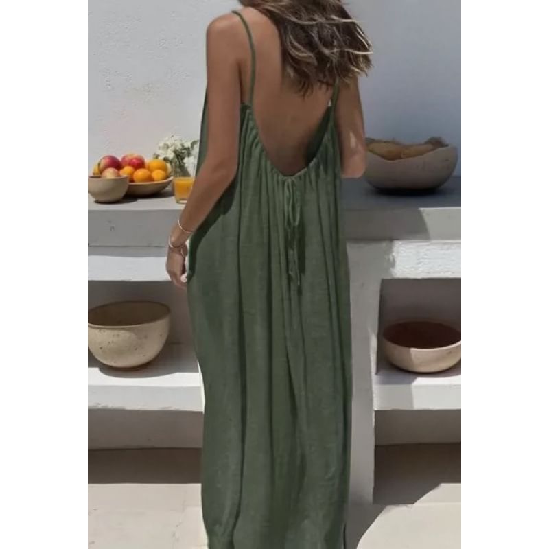 Spaghetti Strap Scoop Neck Plain Maxi A-Line Dress