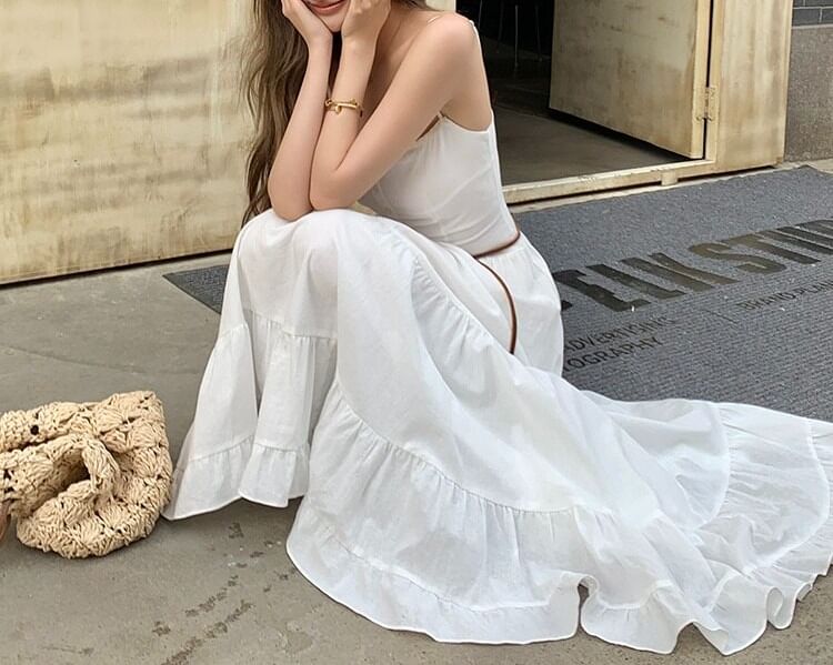 Spaghetti Strap Plain Ruffle Tiered Maxi A-Line Dress