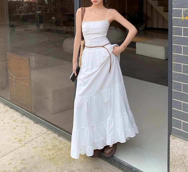 Spaghetti Strap Plain Ruffle Tiered Maxi A-Line Dress
