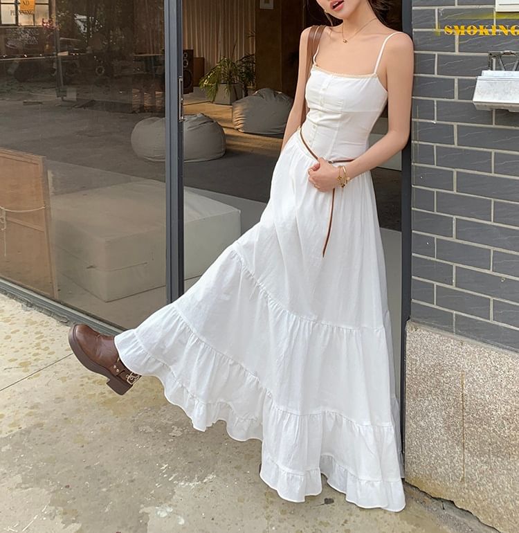 Spaghetti Strap Plain Ruffle Tiered Maxi A-Line Dress