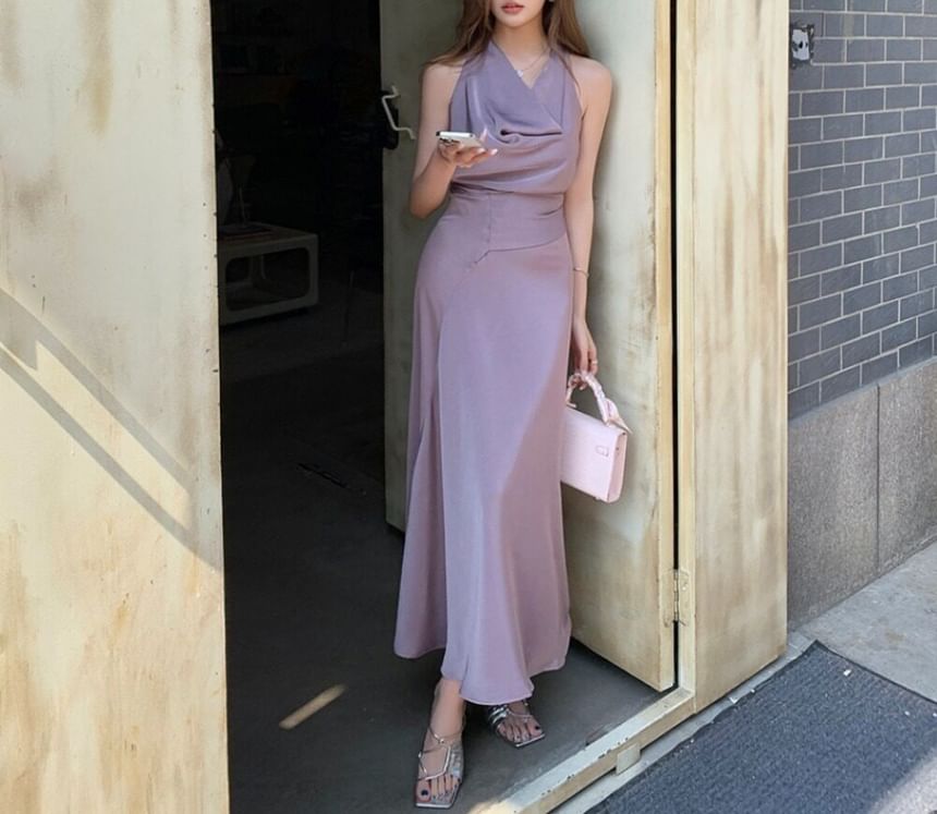 Sleeveless Cowl Neck Plain Maxi A-Line Dress
