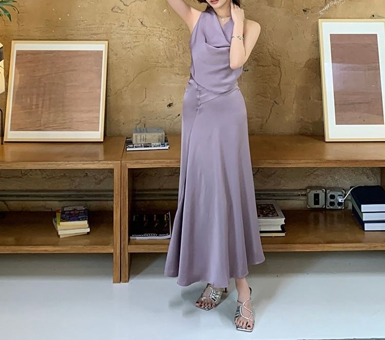 Sleeveless Cowl Neck Plain Maxi A-Line Dress