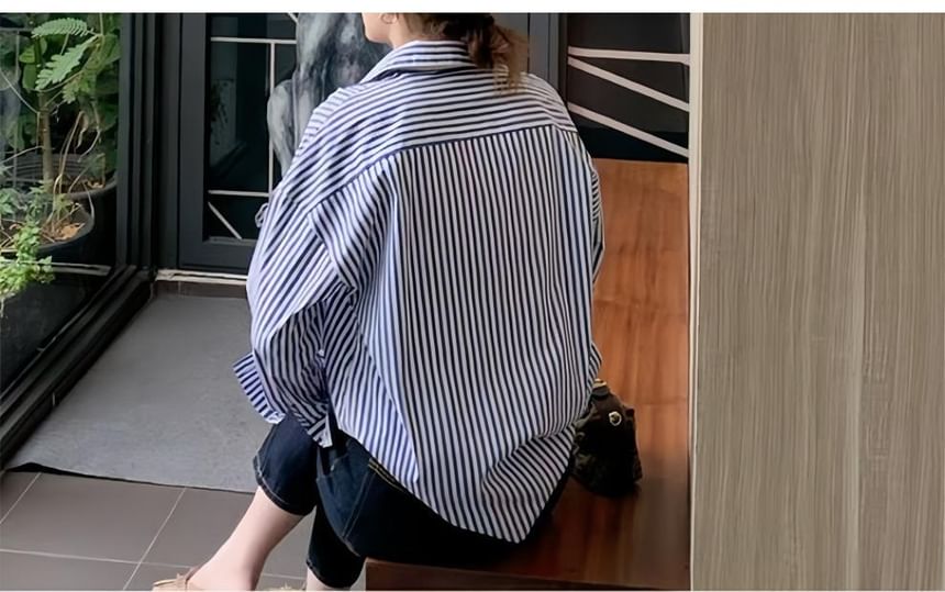 Striped Wrap Collared Long-Sleeve Shirt