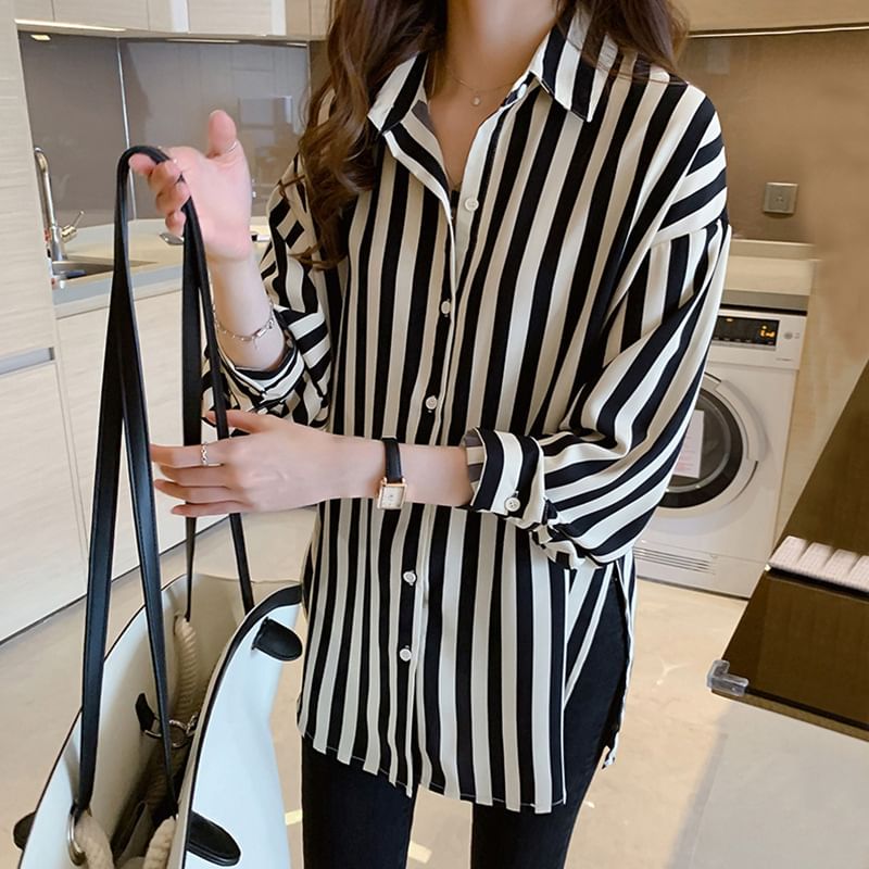 Striped Slit Collared Long-Sleeve Shirt