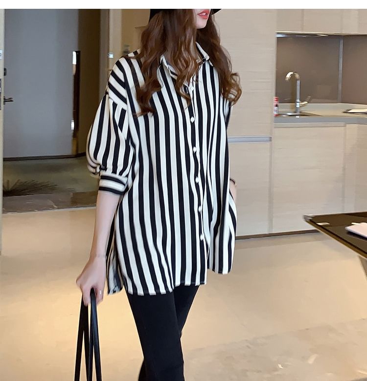 Striped Slit Collared Long-Sleeve Shirt
