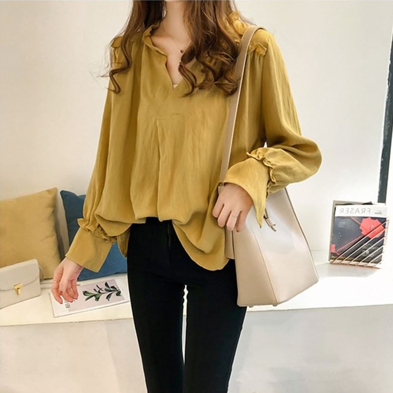 Ruffle V-Neck Long-Sleeve Blouse