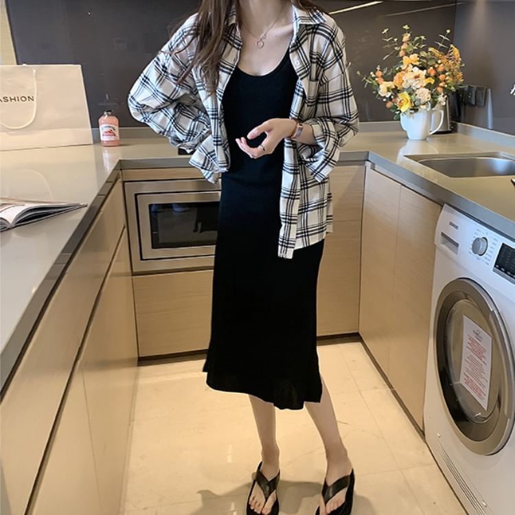 Plaid Collared Long-Sleeve Shirt