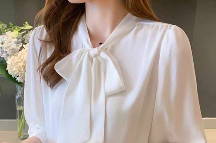 Tie-Neck Long-Sleeve Plain Blouse