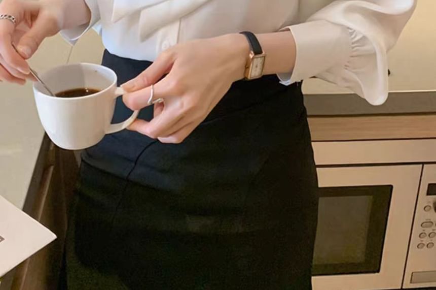 Tie-Neck Long-Sleeve Plain Blouse