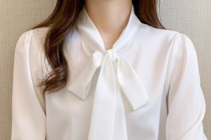 Tie-Neck Long-Sleeve Plain Blouse