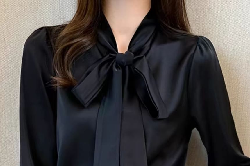 Tie-Neck Long-Sleeve Plain Blouse