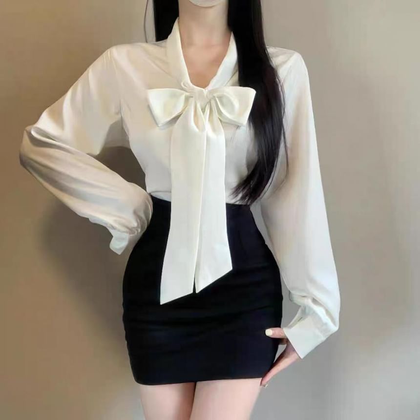 Tie-Neck Long-Sleeve Plain Blouse