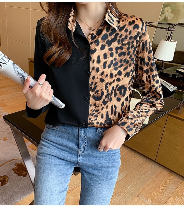 Leopard Print Panel Collared Long-Sleeve Shirt