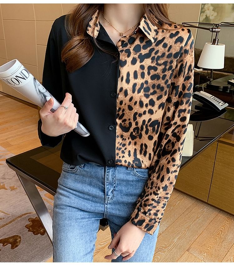 Leopard Print Panel Collared Long-Sleeve Shirt