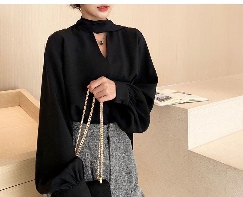 Sash Long-Sleeve Plain Blouse