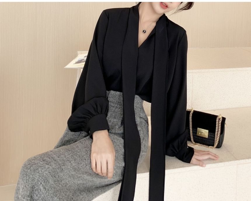 Sash Long-Sleeve Plain Blouse