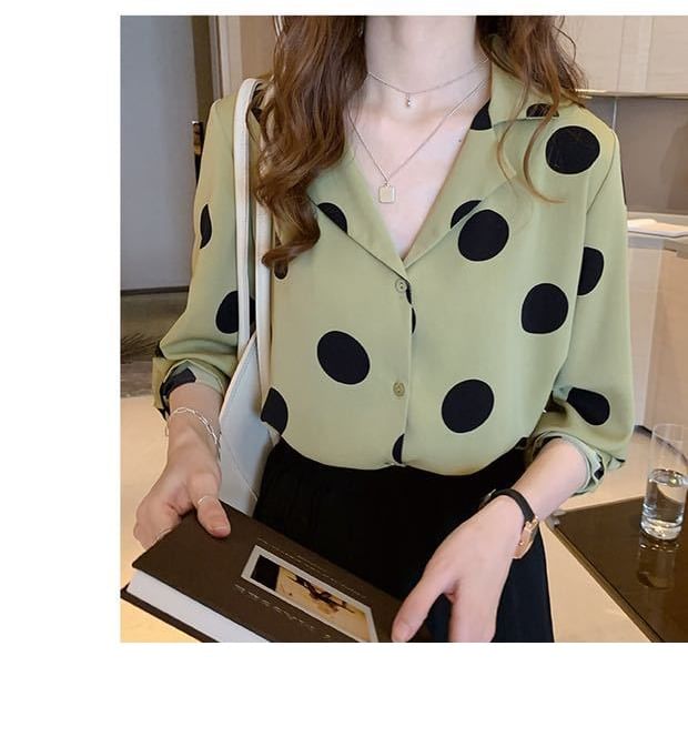 Polka Dot Collared Long-Sleeve Blouse