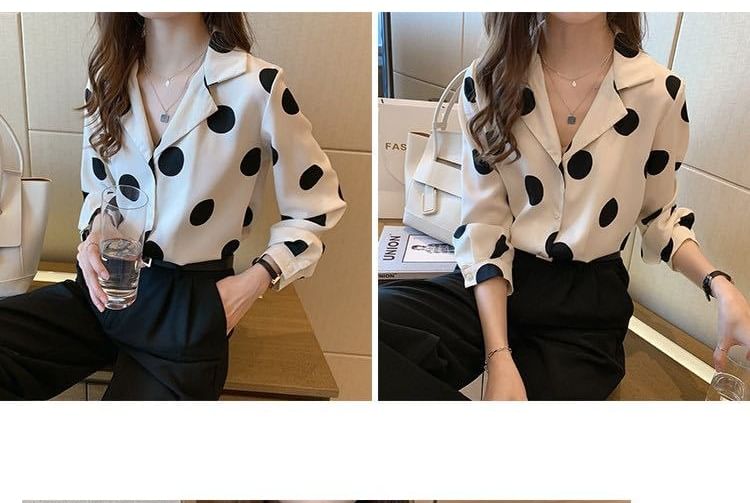 Polka Dot Collared Long-Sleeve Blouse