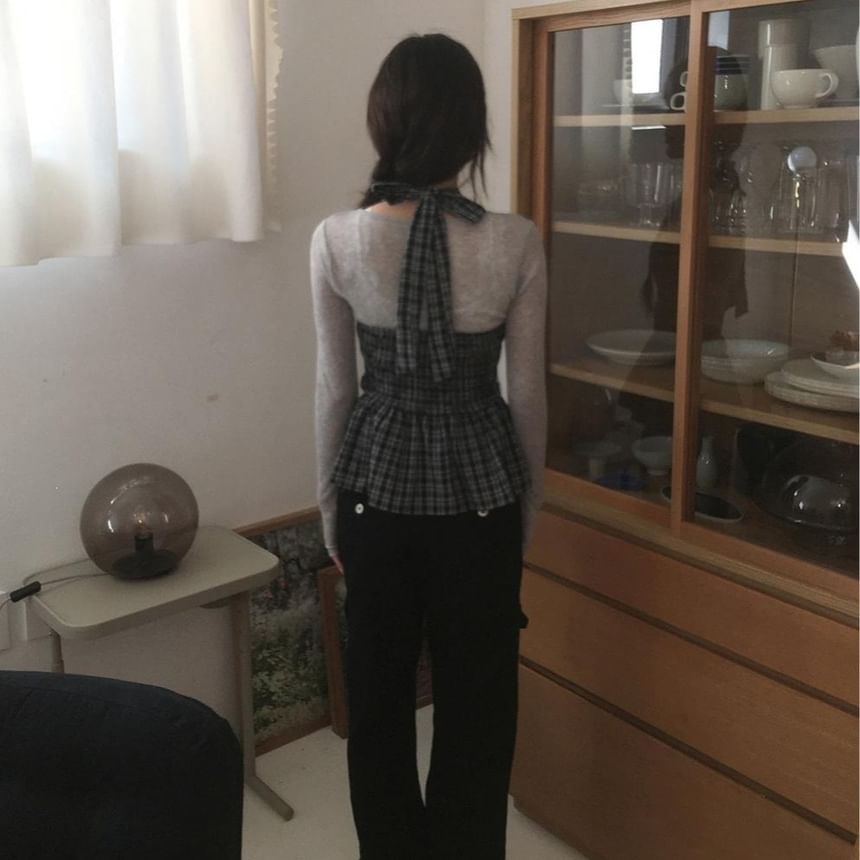 Halter V-Neck Plaid Peplum Top