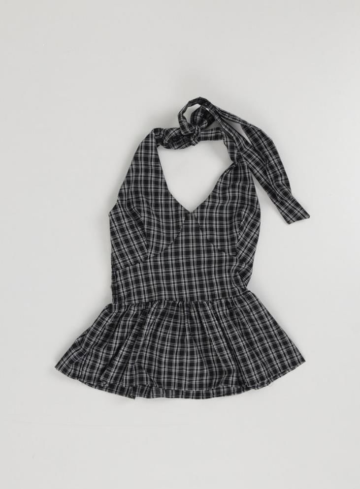 Halter V-Neck Plaid Peplum Top