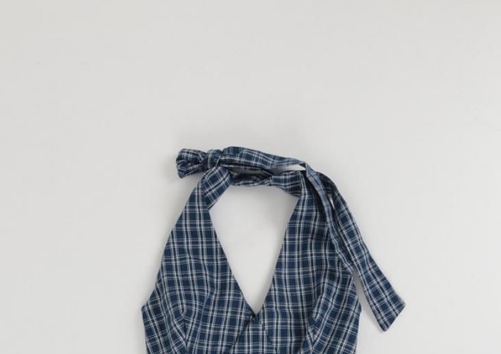 Halter V-Neck Plaid Peplum Top