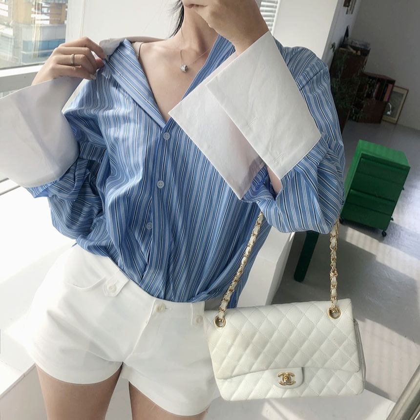 Striped Panel Long-Sleeve Collared Shirt