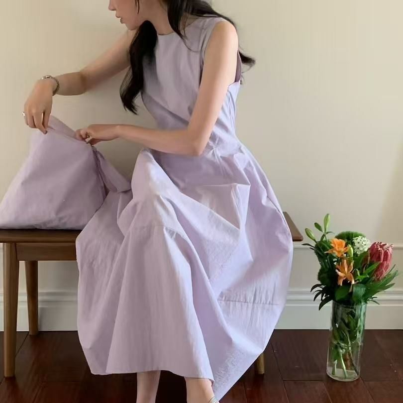 Sleeveless Round Neck Plain Slim-Fit Maxi A-Line Dress