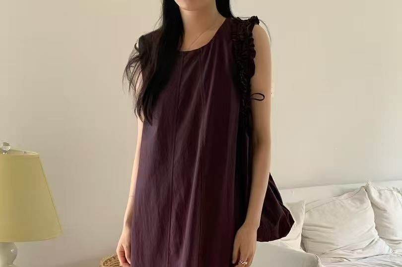 Sleeveless Round Neck Plain Ruffled-Trim Loose-Fit Maxi Dress
