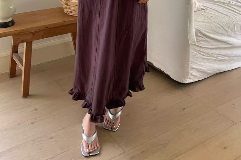Sleeveless Round Neck Plain Ruffled-Trim Loose-Fit Maxi Dress