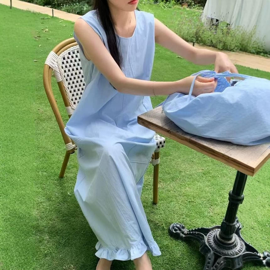 Sleeveless Round Neck Plain Ruffled-Trim Loose-Fit Maxi Dress