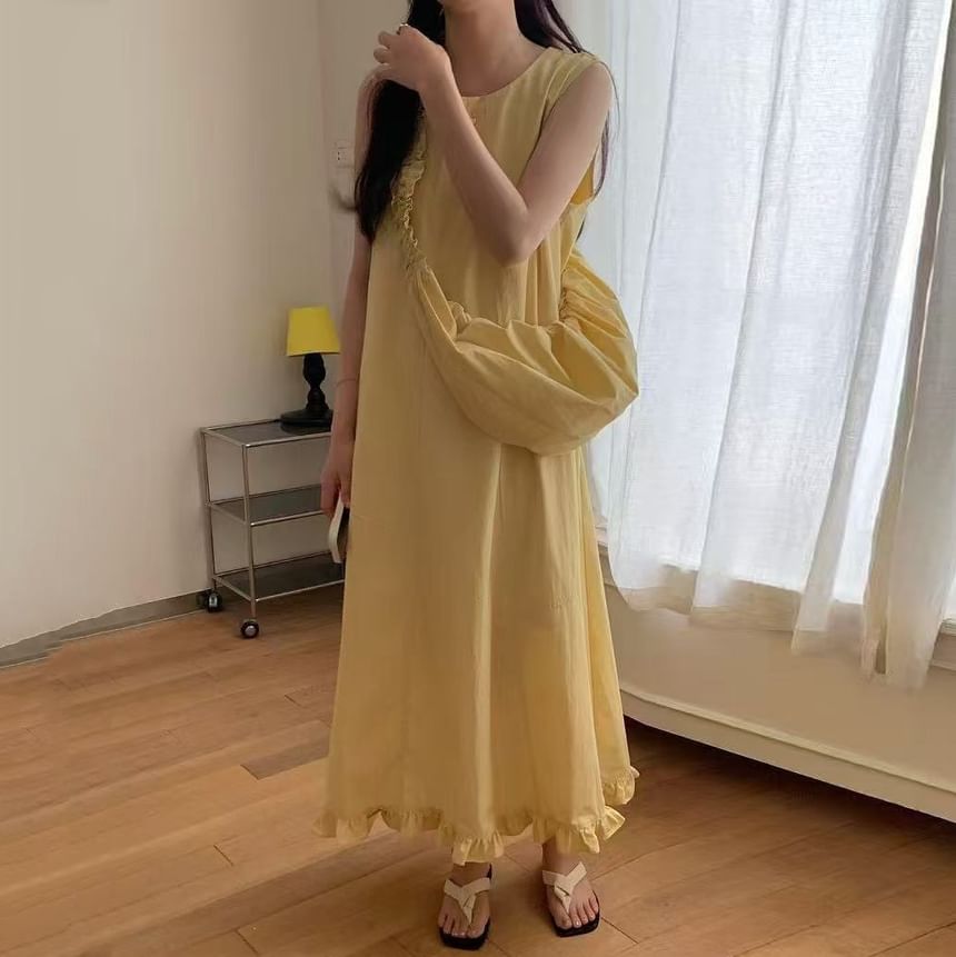 Sleeveless Round Neck Plain Ruffled-Trim Loose-Fit Maxi Dress