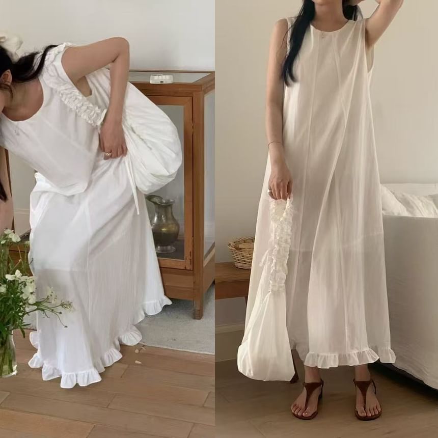 Sleeveless Round Neck Plain Ruffled-Trim Loose-Fit Maxi Dress